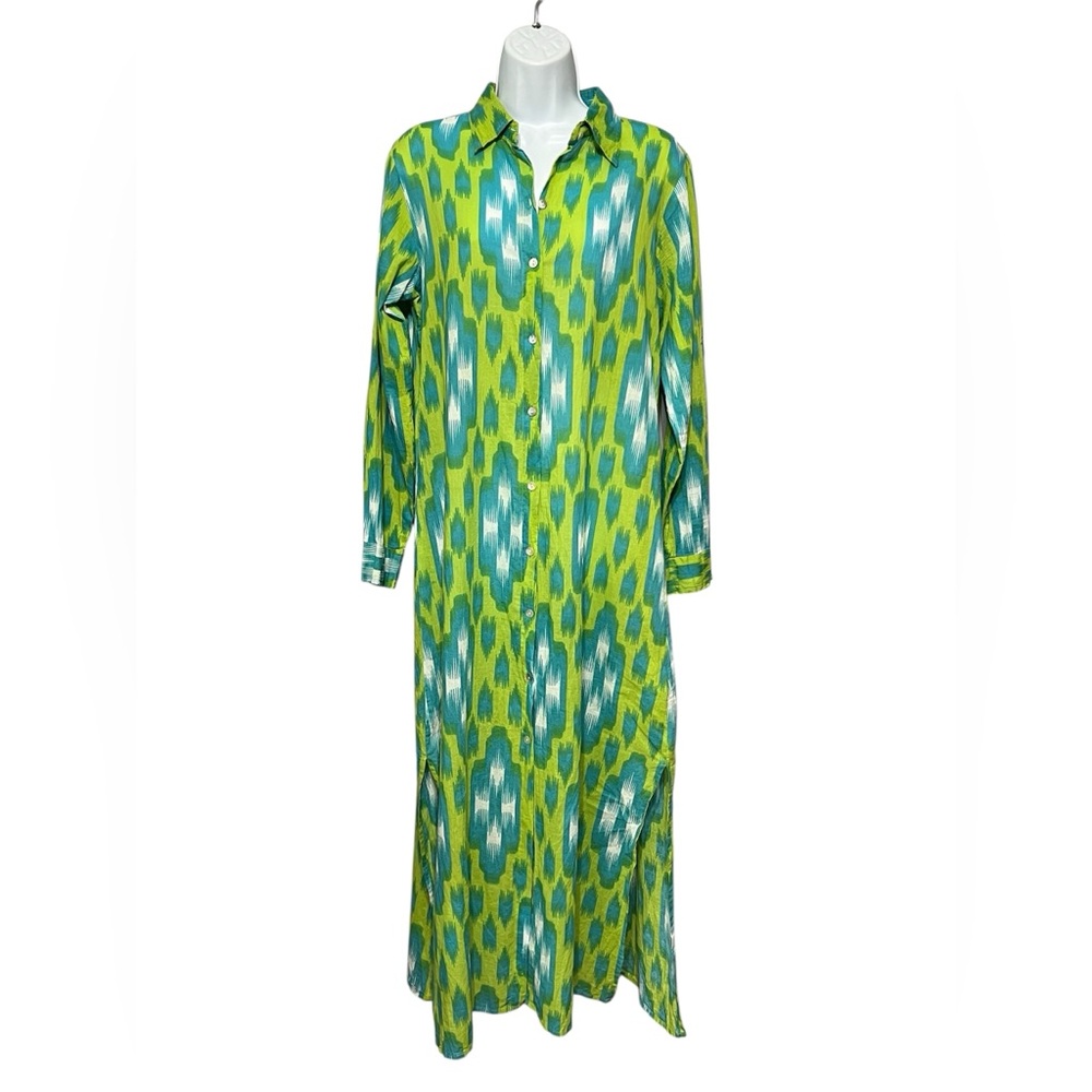 Malini Ikat Shirt Dress Medium Green Blue Full Button Long Sleeve Cotton Midi